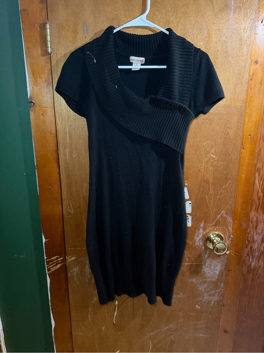 Body Central Black Short-Sleeve Knit Dress with Asymmetrical Shawl Collar